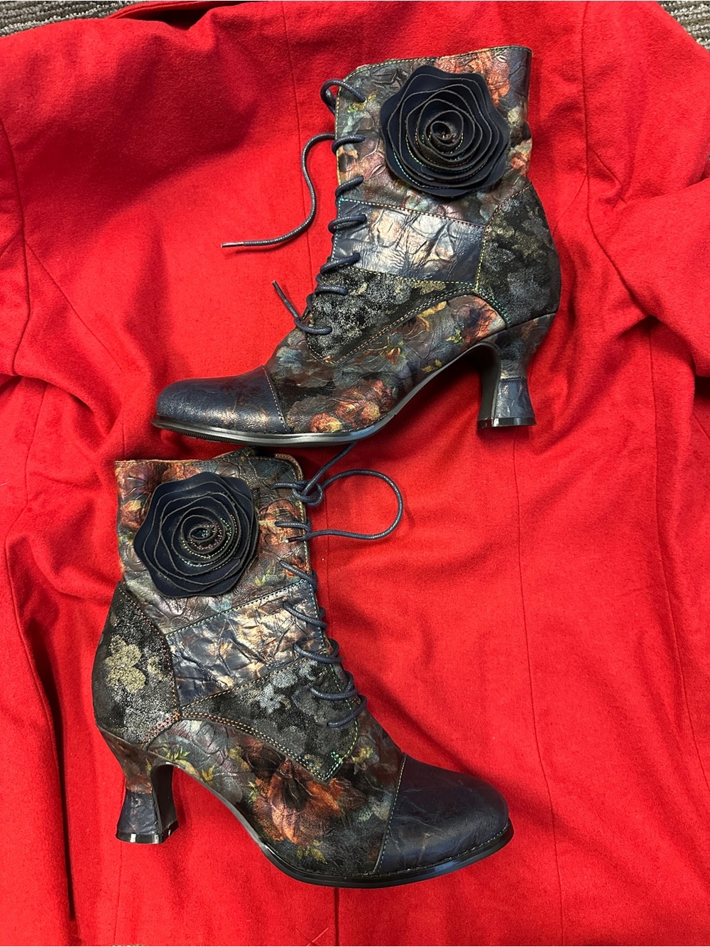 Floral Lace-Up Ankle Boots with Rosette Accent - Black Multi